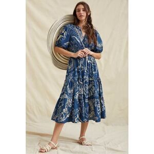 Anthropologie 12 Conditions Apply Blue White Short Puff Sleeve Resort Dress